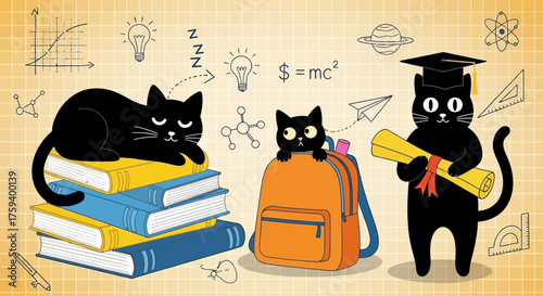 Funny cartoon cats studying and graduating from school with educational icons on a grid background