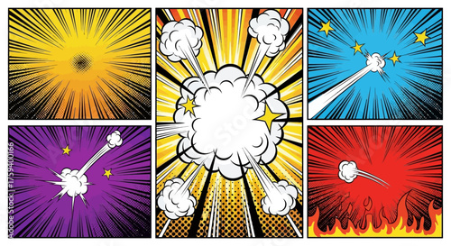 Set of six dynamic comic book templates featuring abstract explosive bursts, radial speed lines, and powerful impact flashes for graphic novels