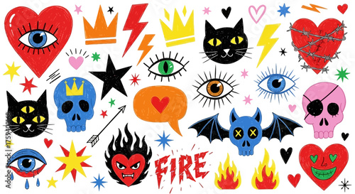 Vibrant collection of hand-drawn punk rock doodles featuring skulls, evil hearts, mystic eyes, and black cats