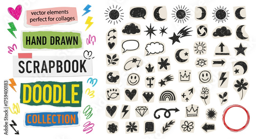 Hand-drawn doodle set of vector elements for scrapbooking, featuring celestial icons, hearts, and flowers on sticker-like paper textures