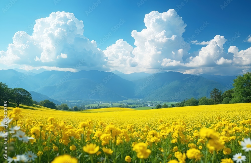 Obraz premium Vast canola field stretches across rolling hills beneath brilliant blue sky. White clouds drift above distant mountains creating picturesque landscape. Vibrant scene agricultural beauty, sunny rural