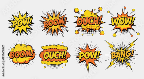 A vibrant collection of retro comic book sound effects and cartoon speech bubbles in a dynamic pop art style for creative design