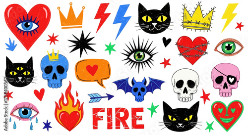 A creative set of hand-drawn punk doodle stickers with cats, skulls, eyes, and hearts. Collection 47
