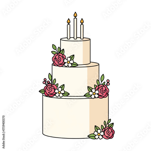 A three-tiered wedding cake adorned with red roses and lit candles on a plain white background, symbolizing a joyful celebration.
