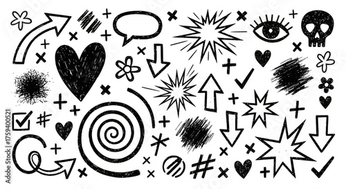 Hand-drawn doodle sketch elements collection. Abstract grunge marker symbols set with arrows, hearts, stars, and scribbles for design