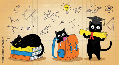 Cute cartoon black cats surrounded by school and science icons, celebrating graduation with diploma and books