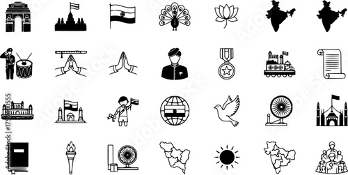 Indian National Symbols and Cultural Icons Set - Independence Day  Republic Day Celebrations