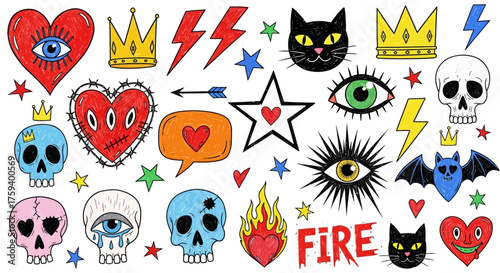 Colorful collection of hand-drawn punk rock doodle icons with skulls, hearts, and eyes in a graffiti art style