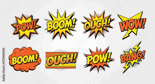 Vibrant collection of retro comic book exclamations and pop art sound effect bubbles with explosive text
