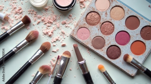 Makeup Palette and Brushes on a Light Surface.