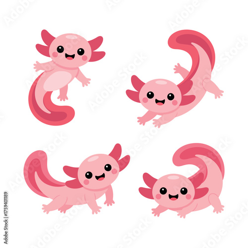 Cute pink axolotl cartoon characters in various poses