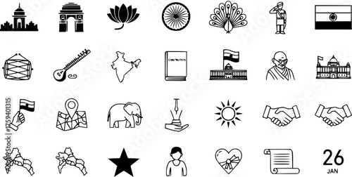 Indian Republic Day and National Symbols Icon Set. Vector line art collection of India's cultural, historical, constitutional, and patriotic elements for national celebrations.