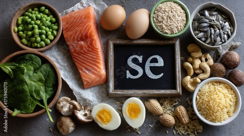 Wallpaper Mural Vertical flat lay composition of selenium-rich foods including salmon, eggs, nuts, seeds, and mushrooms, with an "Se" Torontodigital.ca