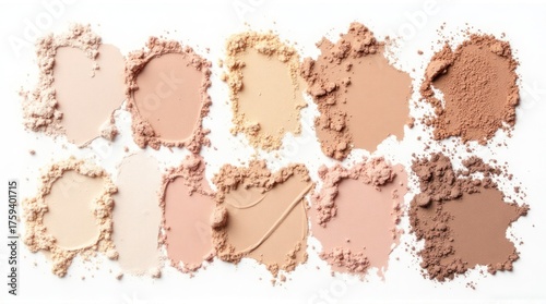 Collection of cosmetic face powder swatches in various skin tones.