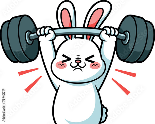 Cute cartoon bunny lifting a heavy barbell with effort