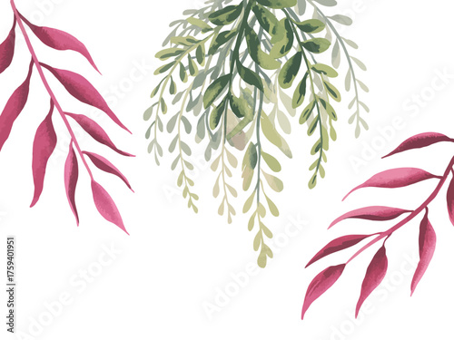 Watercolor painting of cascading green leaves and deep pink foliage