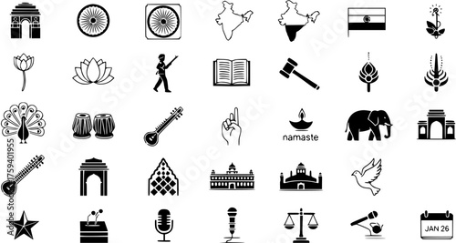 Vector icons of India's national symbols, culture, heritage, and significant elements including monuments, flora, fauna, instruments, and political representations.