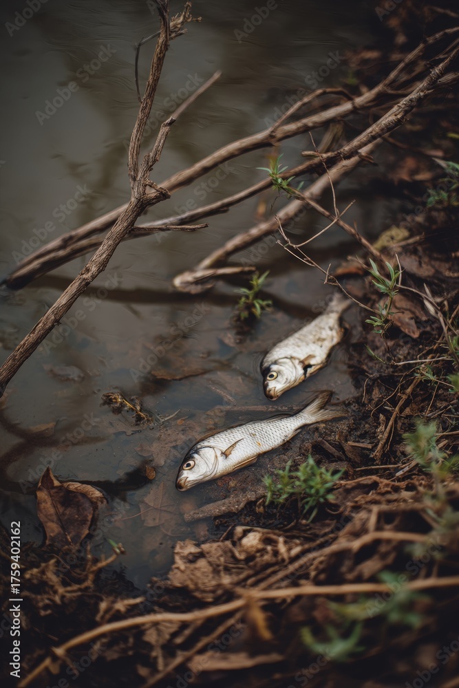 Obraz premium Environmental Tragedy: Two dead fish floating in dark, polluted water by the bank