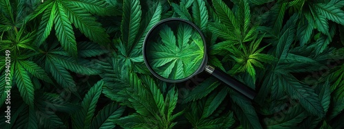 Cannabis Research: Magnifying glass over fresh marijuana leaves in dark greenery