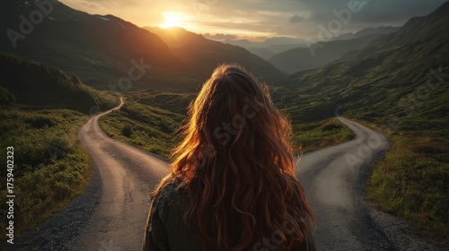 Woman at a Crossroad: Choosing a Path in the Mountains at Sunset