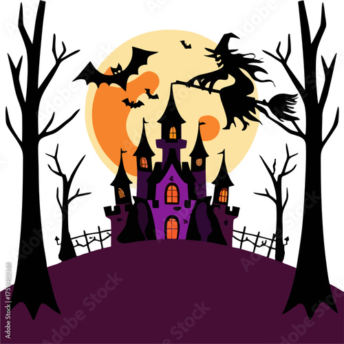 Flying Witch Halloween Castle Vector Illustration, Haunted Mansion with Spooky Forest, Bats, Full Moon, and Glowing Windows
