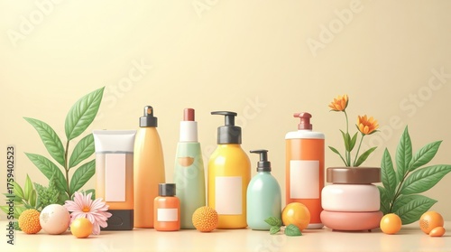 Collection of Skincare and Beauty Products with Natural Elements.