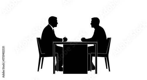 Silhouettes of two individuals in business attire sitting at a table, facing each other in conversation