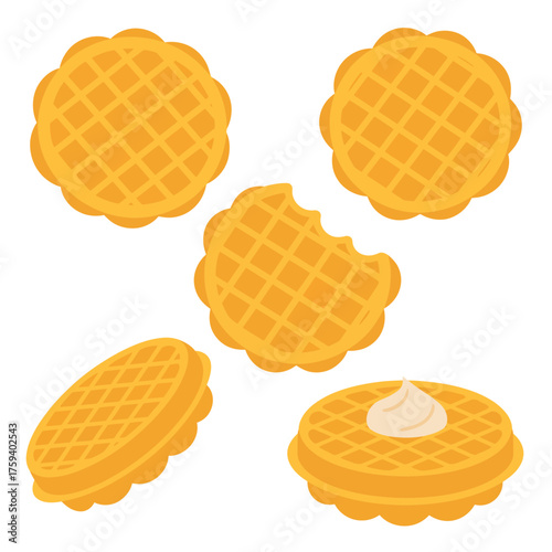 Flat illustration of five golden waffles with different shapes and one with cream
