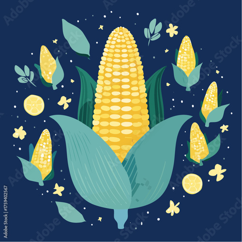 A vibrant illustration of a large ear of corn surrounded by smaller ears and kernels on a dark blue background.