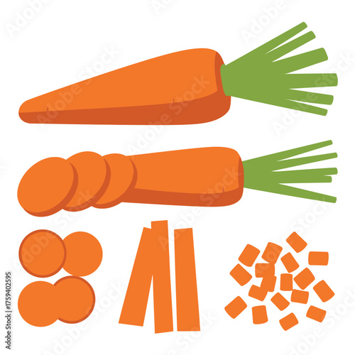 Fresh carrots prepared in various ways for cooking and healthy eating