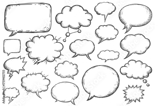 Handdrawn Sketchy Doodle Speech Bubble Set Isolated on White Background. Ai Generated Images