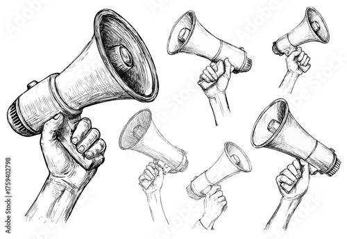 Detailed Vintage Hand Drawn Loudspeaker in Hand Announcement Illustration. Ai Generated Images