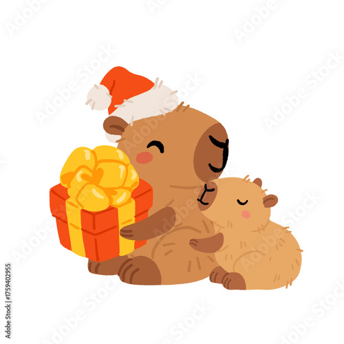 Collection of winter cute capybaras with New Years wreath, gift, bathing in hot water and in Christmas bow and hat. Vector illustration. Isolated kawaii animal character
