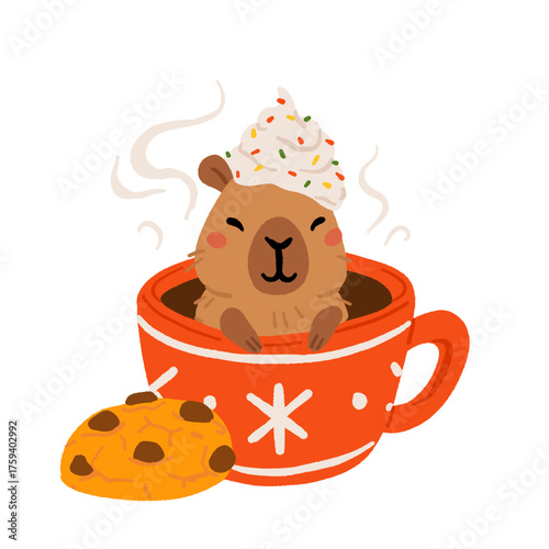 Collection of winter cute capybaras with New Years wreath, gift, bathing in hot water and in Christmas bow and hat. Vector illustration. Isolated kawaii animal character
