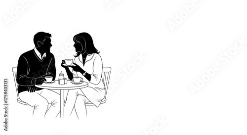 Monochromatic illustration of a man and woman enjoying coffee and conversation at a cafe table
