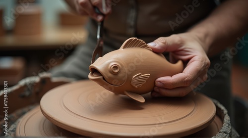 Skilled artisan meticulously sculpts a clay fish on a pottery wheel.