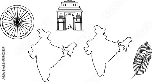 Detailed line art illustrations of India's national symbols: Ashoka Chakra, India Gate, map of India, and a peacock feather, suitable for cultural designs.