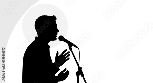 Silhouette of a person speaking into a microphone, gesturing with hands, on a minimalist white and gray background