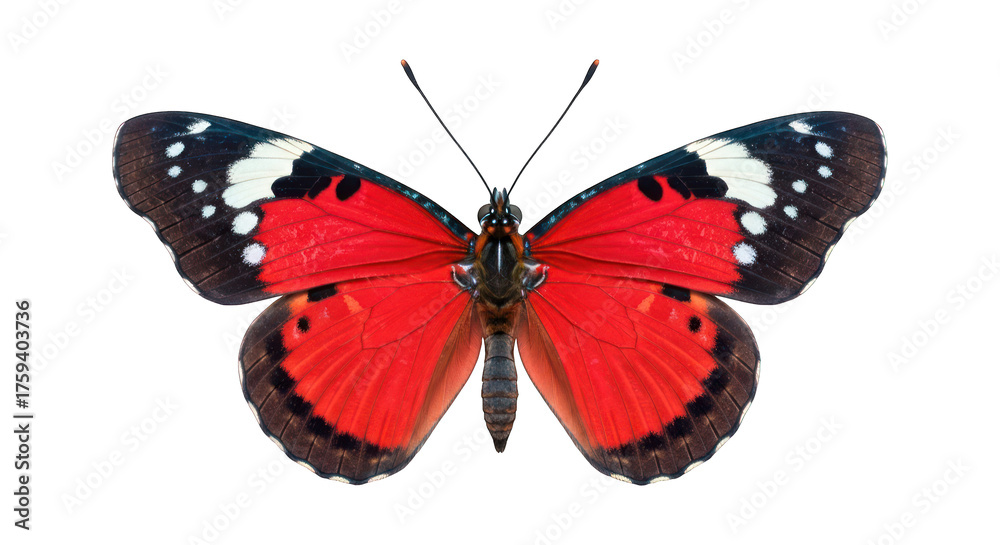 Naklejka premium Butterfly Vibrant red wings with black & white spotted tips, symmetrical view