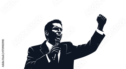 A powerful black and white illustration of a man speaking into a microphone with a raised fist