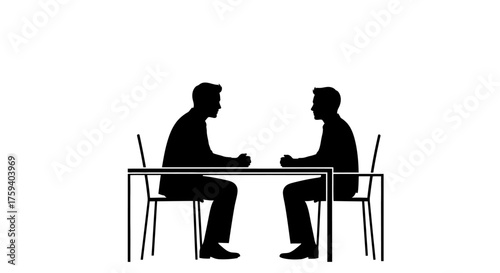 Two male silhouettes sit facing each other at a table, likely engaged in conversation or a meeting
