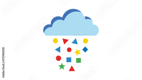 Flat vector of a raincloud raining down colorful geometric shapes instead of water.