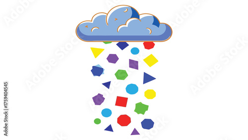 Flat vector of a raincloud raining down colorful geometric shapes instead of water.
