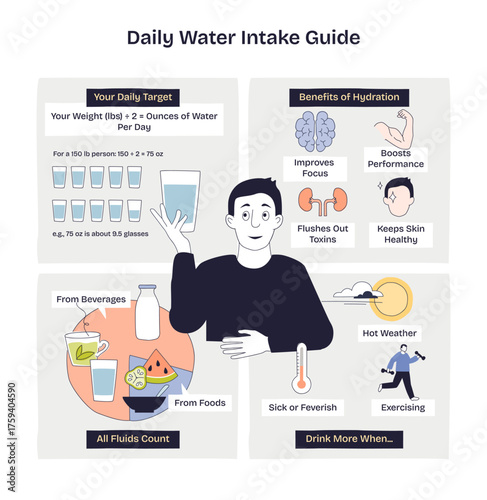 Daily water intake guide in a brief diagram shows targets, benefits, and when to drink more, key items, glass of water, person, hydration icons. Doodle style diagram