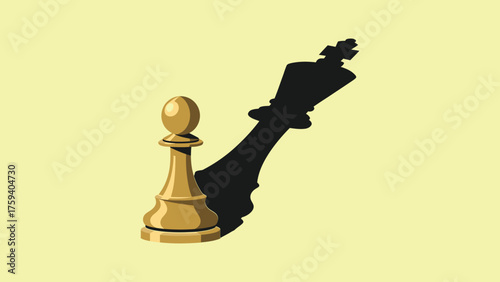 lat vector of a single chess pawn casting the shadow of a king , minimal black and gold tones on pure white background.