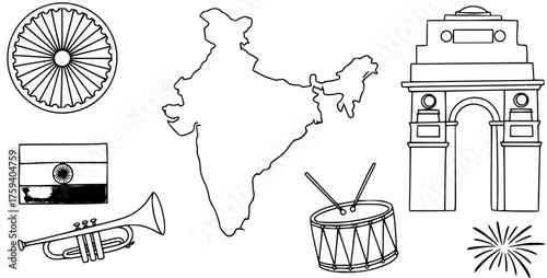 Outline illustrations of Indian national symbols and celebration elements: Ashoka Chakra, map, flag, India Gate, trumpet, drum, fireworks.