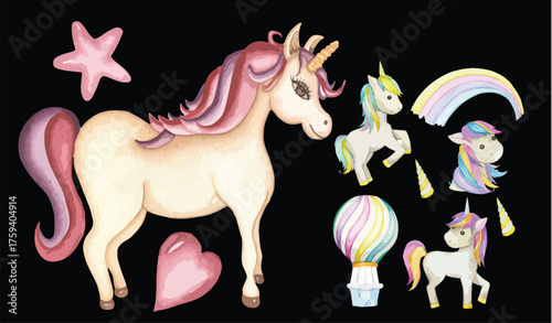 Cute Watercolor Unicorn Illustrations – Pastel Fantasy Horses with Golden Horns and Colorful Manes