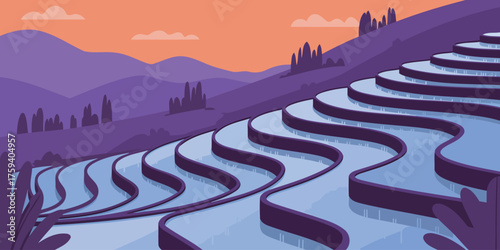 Stunning terraced rice fields landscape with vibrant colors evoking a sense of peace and tranquility, perfect for travel and agricultural concepts