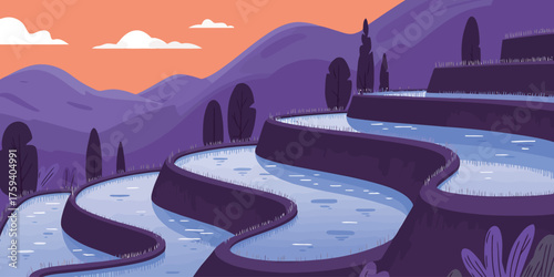 Enchanting rice terraces landscape with dreamy purple mountains, perfect for travel blogs and eco-tourism promotions, discover scenic Asian farming scenes