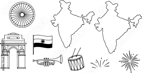 Indian Patriotic Symbols Line Art Collection with Map, Flag, Ashoka Chakra, India Gate, Musical Instruments, and Fireworks for Coloring